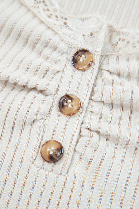 Lace Trim Button Henley Lettuce Edge Ribbed Top